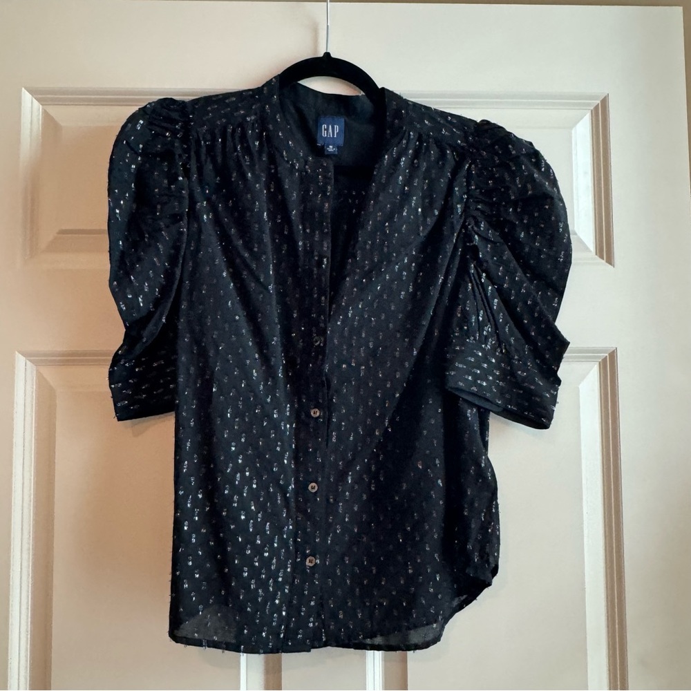 GAP Black Puff Sleeve Button-Up Blouse